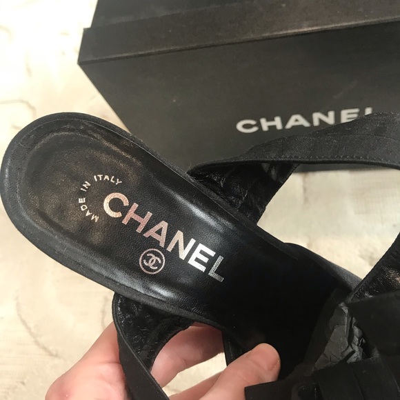 AUTHENTIC CHANEL VINTAGE Black Crystal CC Logo Strappy Dress Heels - Picture 10 of 12